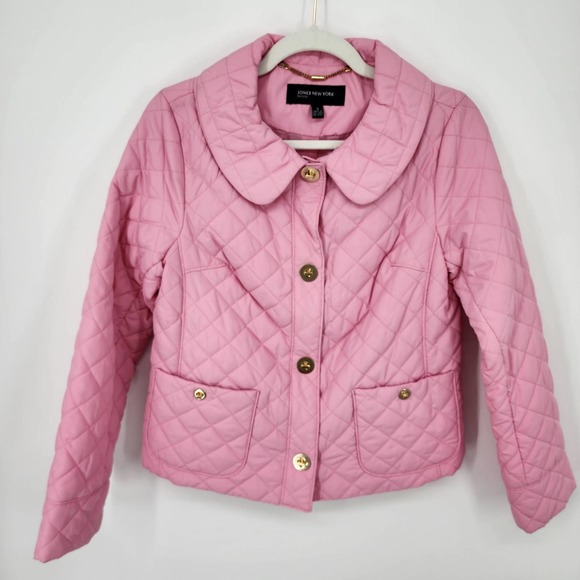 Jones New York Quilted Jacket SP Diamond Barbiecore Lightweight Button Pink Gold - Picture 1 of 12